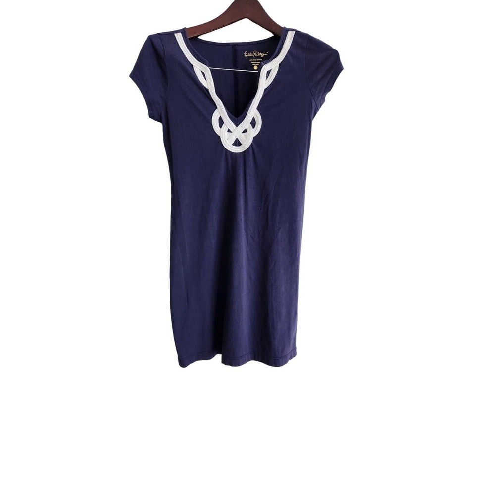 Lilly Pulitzer Embroidered Tunic Dress Womens Size XS Navy Blue 100% Pima Cotton